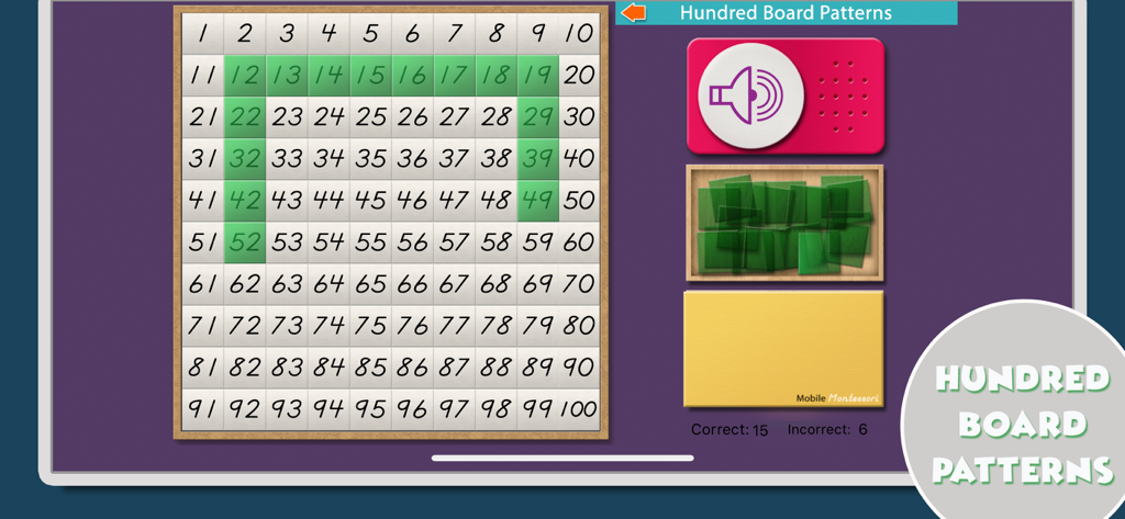 Montessori Math - A screenshot of the Hundred Board Patterns activity in the Montessori Math app featuring a 1 to 100 number grid.