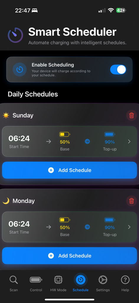 Écran de planification intelligente de l'application Chargie montrant les limites et les plannings de charge de batterie automatisés quotidiens.