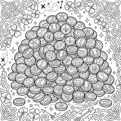 Dive into a pile of shimmering gold coins with this intricate coloring page designed especially for teens. Explore a world of Celtic patterns and lucky shamrocks as you bring this leprechaun's treasure to life.