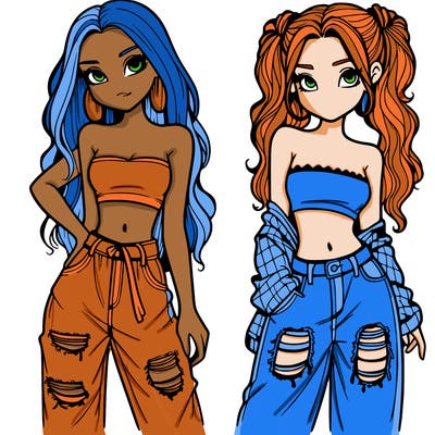 2 girls in crop tops and baggy jeans ripped