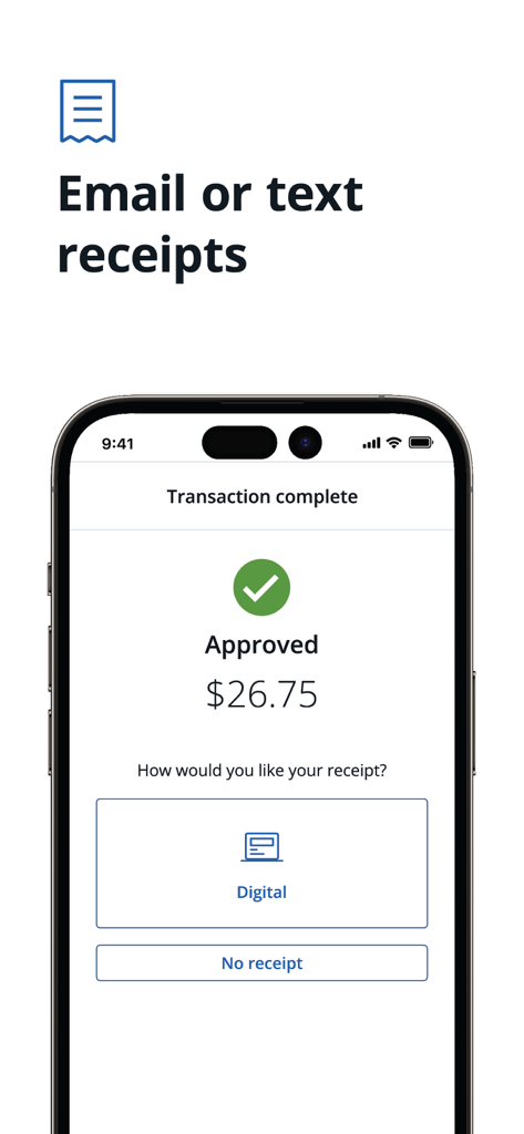 Aplicación Chase POS mostrando una transacción completada y opciones de recibo digital