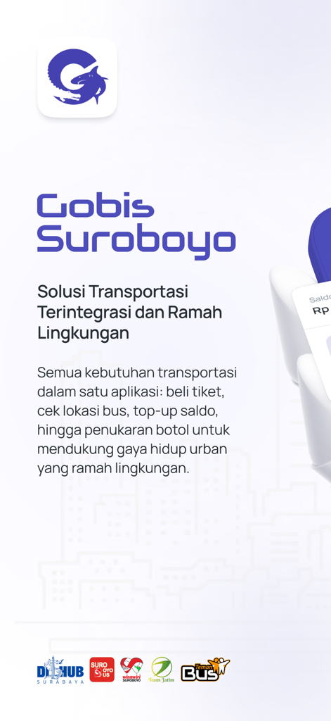 Introductory screen of the Gobis Suroboyo app featuring the brand logo and a description of integrated public transportation services in Surabaya.