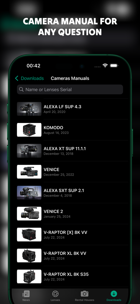 A list of professional cinema camera manuals available for download in the Lens Rental app including Arri Alexa, RED Komodo, and Sony Venice models.