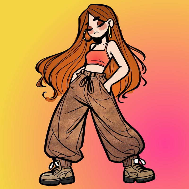 girl in baggy pants crop top and long hair