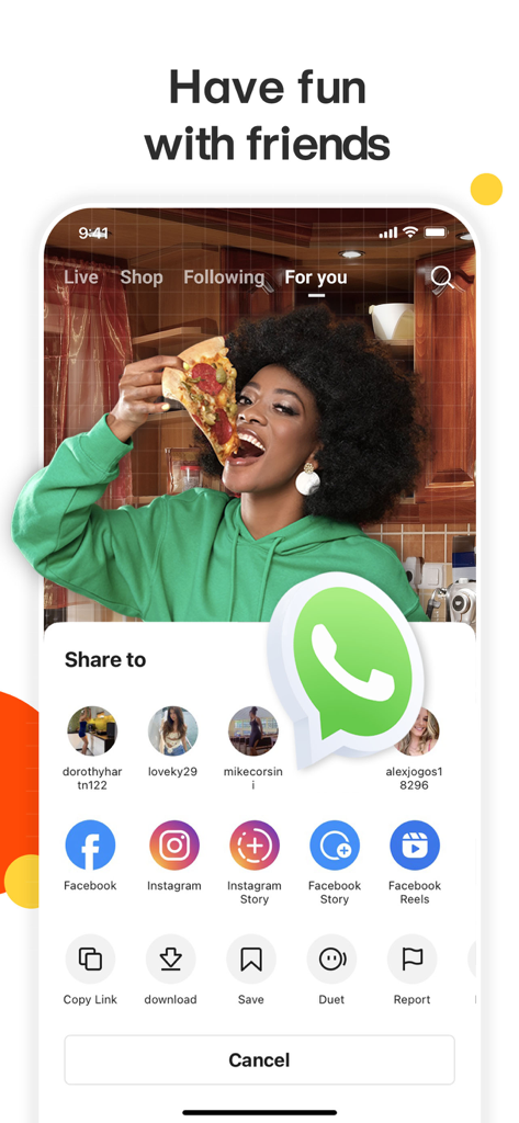 Kwai app sharing menu over a video of a woman eating pizza