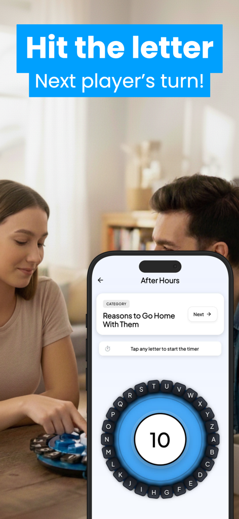 Tap Words Game - A person playing Tap Words Game on an iPhone featuring a countdown timer and circular letter keyboard for social game nights.