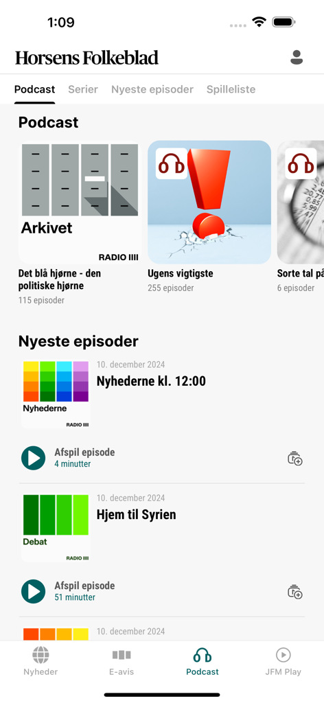 Horsens Folkeblad app podcast section featuring various news episodes and series