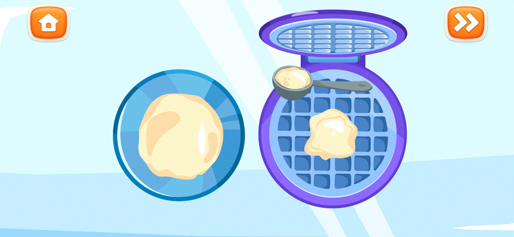 Pizza Maker: Kids Cooking Game - Kids cooking game screen showing pizza dough preparation on a waffle iron