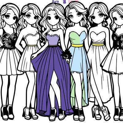 group of six teenage girls in prom dresses