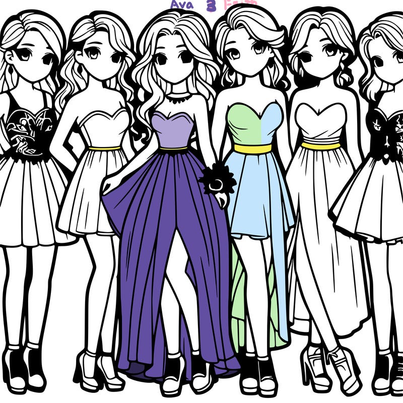 group of six teenage girls in prom dresses