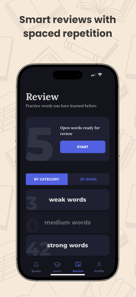 Read Fluently: LanguageLeveler - Smartphone displaying the LanguageLeveler review screen with vocabulary categorized by mastery level for spaced repetition learning