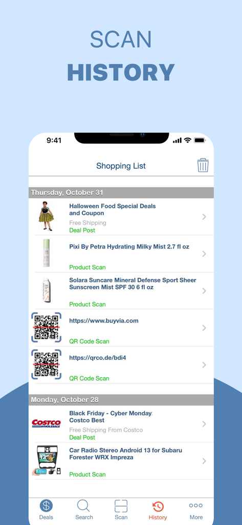La schermata della cronologia delle scansioni e della lista della spesa dell'app Lettore QR Code Barcode di BuyVia che mostra prodotti e offerte scansionati di recente.