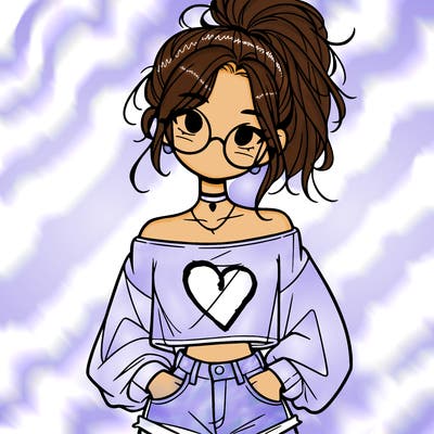 girl with a messy ponytail glasses a baggy crop top and jean shorts