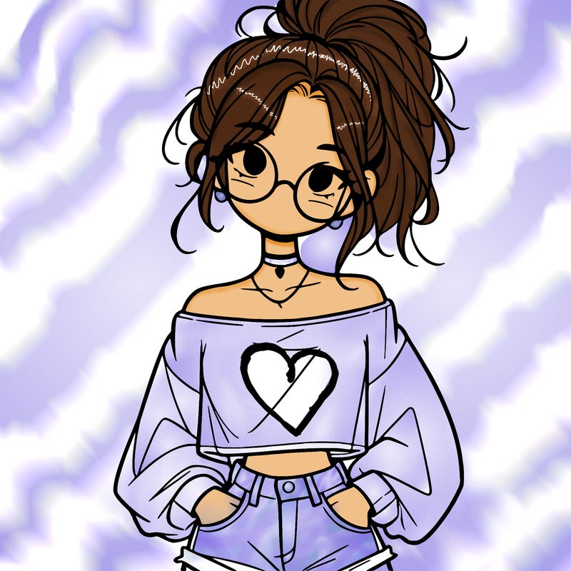girl with a messy ponytail glasses a baggy crop top and jean shorts