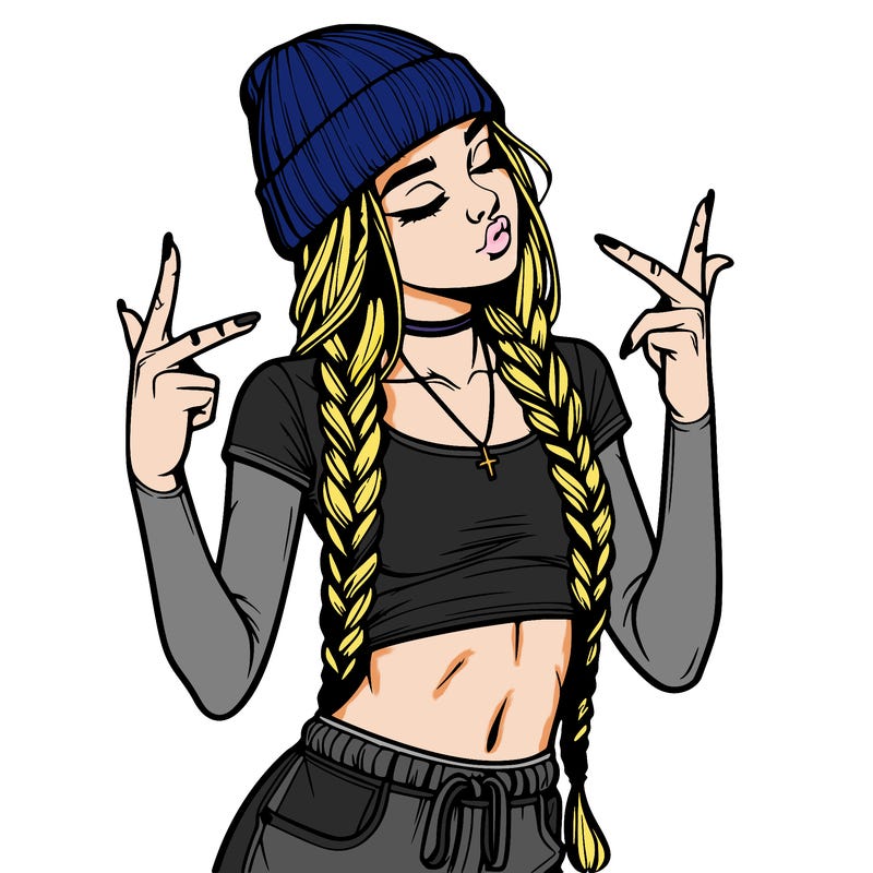 realistic teenage girl with braids and a beanie and crop top doing 🫶🏼