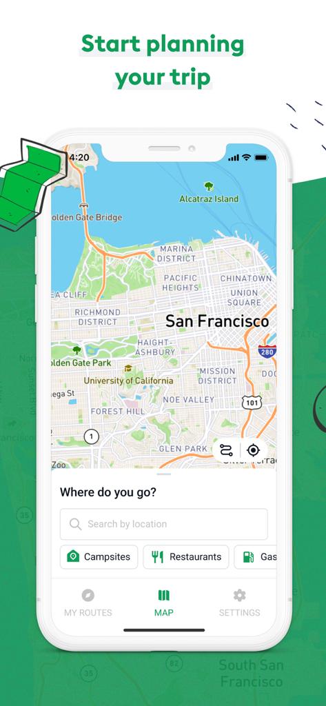 RV Campgrounds App-Kartenoberfläche mit San Francisco und Suchfiltern für Campingplätze und Restaurants