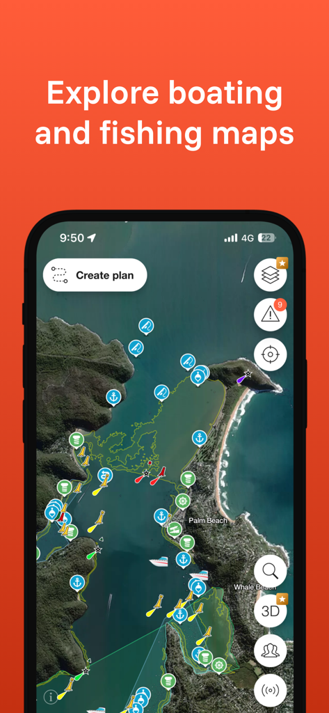 DECKEE app interface displaying a satellite marine map with icons for fishing spots, anchorages, and navigation aids