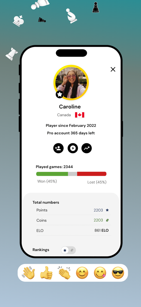 Chess Live Online - Vista del perfil de usuario en la aplicación Ajedrez en Vivo Online que muestra la puntuación ELO y estadísticas del juego