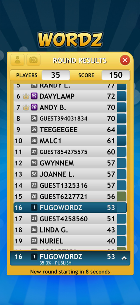 Wordz plus mobile game screen showing round results and a competitive multiplayer leaderboard with player rankings
