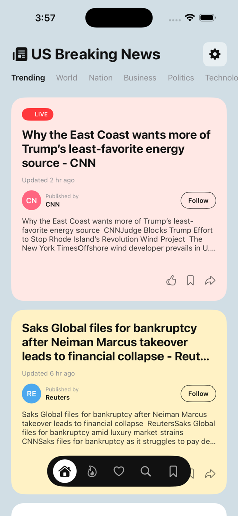 US Breaking News Alerts - Interface of the US Breaking News app displaying a feed of trending news headlines from various sources