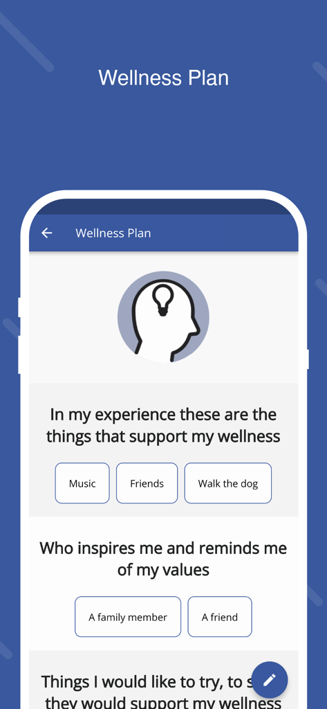 Stay Alive - Stay AliveアプリのWellness Plan画面。音楽や友達などのパーソナライズされたウェルネスサポートオプションが表示されています。
