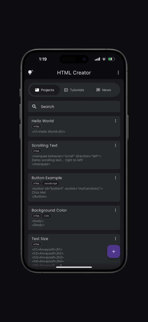 El panel de proyectos de la aplicación HTML Creator Pro que muestra una lista de fragmentos de código guardados que incluyen ejemplos de HTML, CSS y JavaScript