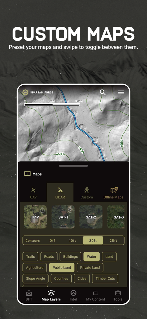 Spartan Forge Hunt app interface displaying custom map layers and LiDAR terrain data
