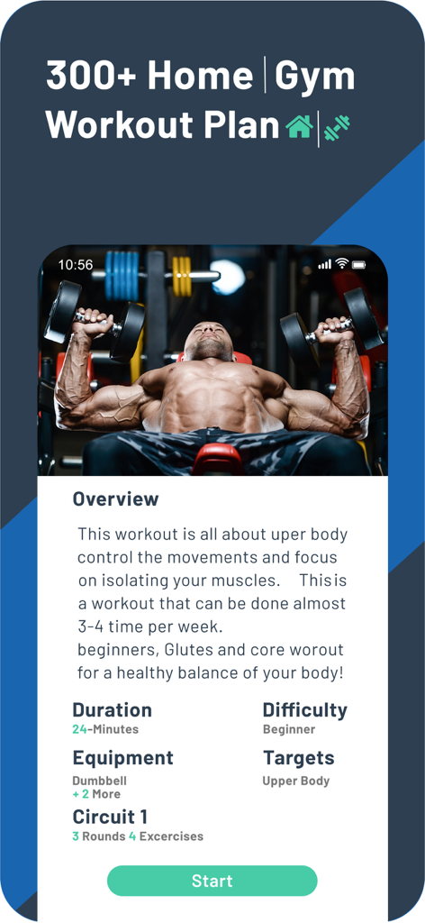 Rony: Muscles Fitness Training - Rony app screen showing a beginner upper body workout plan with a 24 minute duration.