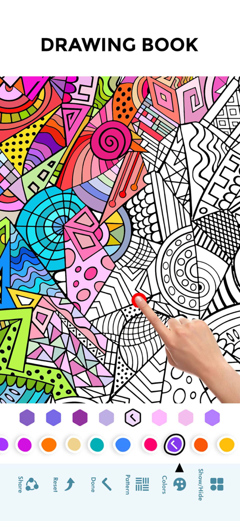 Drawing Apps Pencil Art apps - Digital coloring book interface with a hand tapping to color a geometric pattern