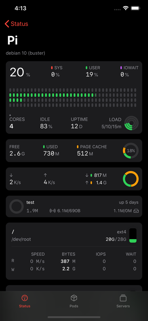 ServerCat - SSH Terminal - ServerCat app dashboard showing real-time performance metrics for a Raspberry Pi server including CPU and memory usage