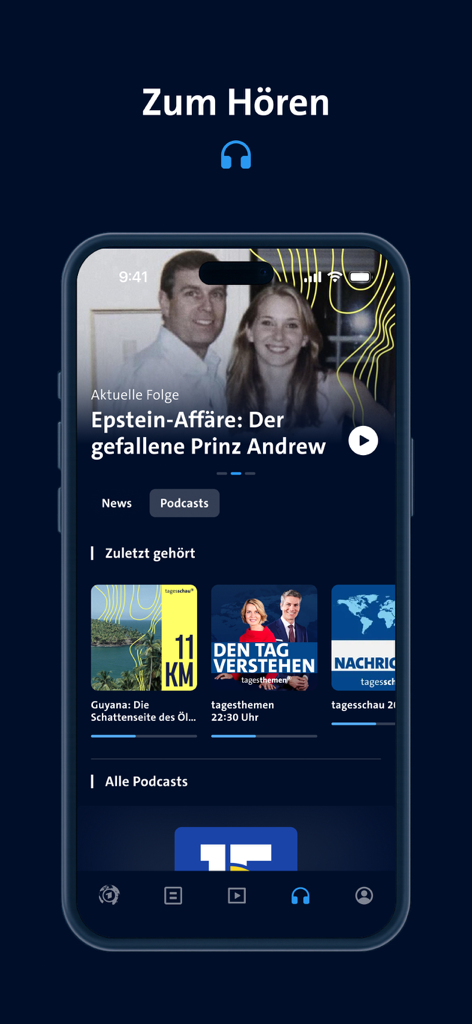 Interface of the tagesschau app's audio and podcast section in dark mode
