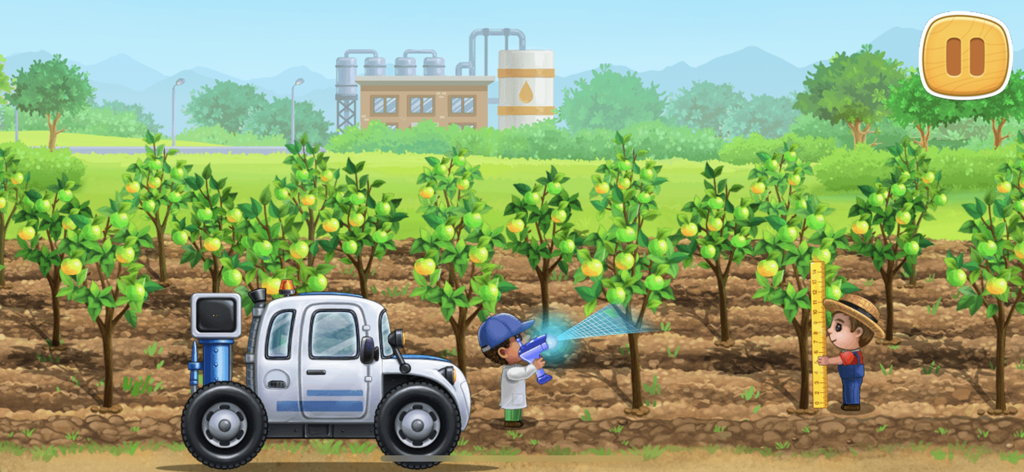 Farm car games: Tractor, truck - Personajes en un juego de granja usando un camión y herramientas para cuidar manzanos en un huerto.