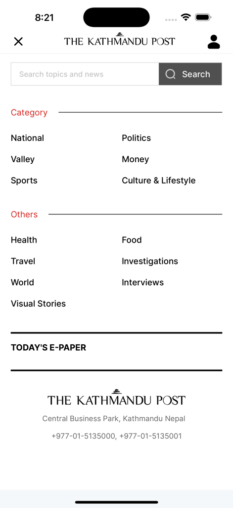 The Kathmandu Post - The Kathmandu Post app navigation menu displaying news categories and search bar.