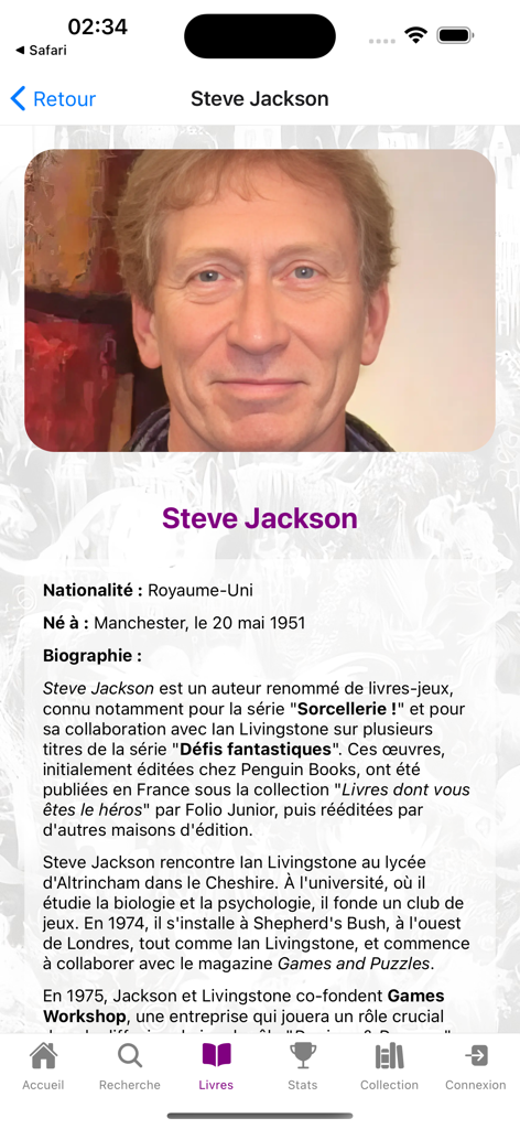 Página de perfil del autor Steve Jackson en la aplicación Collection LDVELH, incluyendo foto y biografía