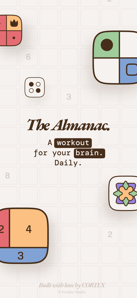 The Almanac app splash screen featuring the text A workout for your brain Daily with minimalist puzzle icons