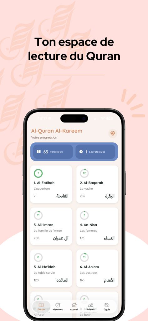 Ihsan - Salat & Dhikr - Ihsan mobile app screen showing Quran reading progress with a list of surahs and tracked verses