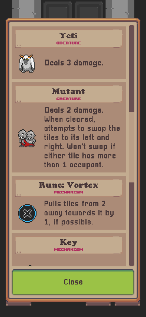 Gridlock Dungeon - A list of creatures and mechanics in Gridlock Dungeon showing Yeti and Mutant descriptions.