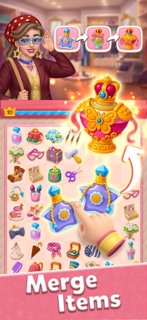 Glow Tales: Merge & Makeover - Gameplay screenshot showing a puzzle board where a user merges star shaped perfume bottles into an ornate butterfly bottle.