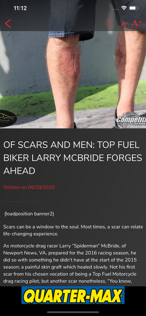 News article about Top Fuel biker Larry McBride in the Competition Plus app