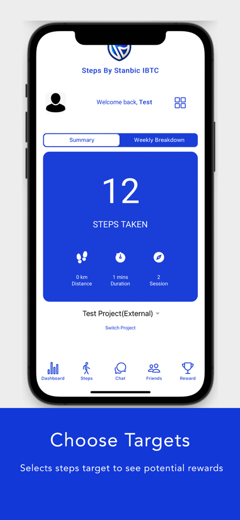 Steps By Stanbic IBTC app dashboard showing steps taken activity tracking and navigation menu