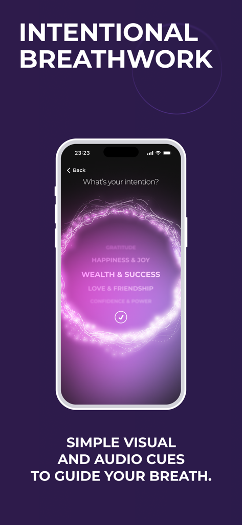 Pantalla de ejercicios de respiración intencional de la aplicación Affirmate Frecuencias Curativas con señales visuales y configuraciones de intención.