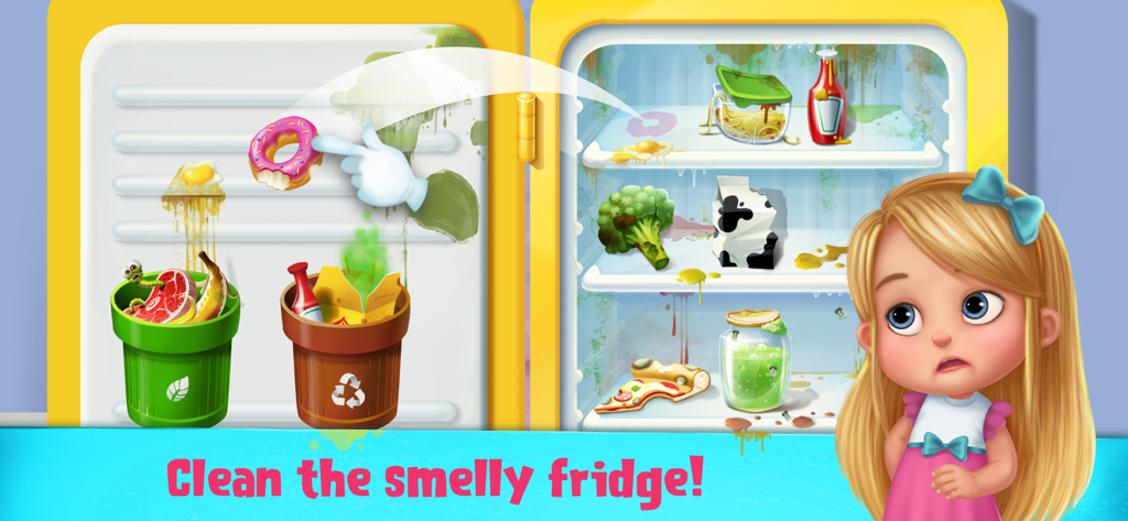 A little girl looks at a dirty refrigerator in the Daddys Little Helper simulation game