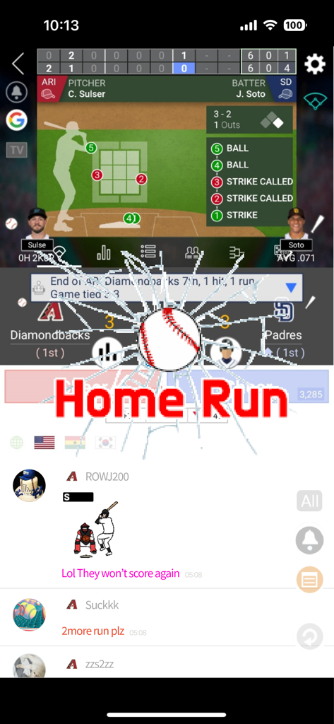 LIVE Score - the Fastest Score - Mobile app interface showing a live baseball score with a home run alert and user comments.