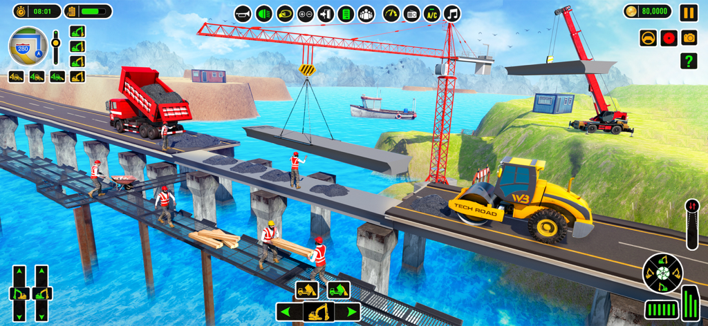 Heavy machinery and workers building a bridge over water in a 3D construction simulator game