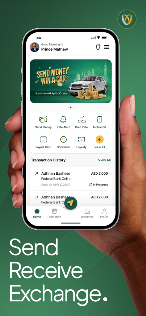Joyalukkas Exchange - Joyalukkas Exchange App-Dashboard auf einem Smartphone mit Funktionen für internationale Geldüberweisungen und Transaktionshistorie.