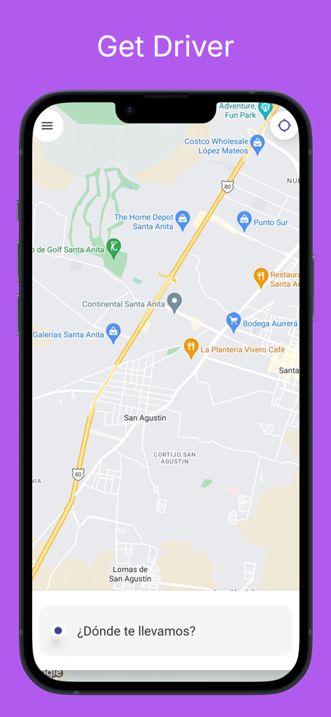 Get Driver app interface showing a navigation map and a destination search bar in Spanish