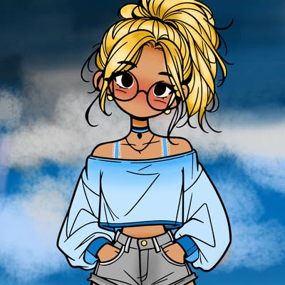 girl with a messy ponytail glasses a baggy crop top and jean shorts