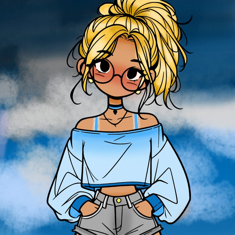 girl with a messy ponytail glasses a baggy crop top and jean shorts