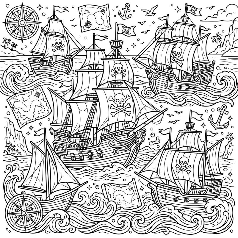 Dive into a world of high seas adventure with this exciting coloring page featuring a fleet of mighty pirate ships and buccaneer vessels. Explore intricate details from skull-and-crossbones flags to rolling ocean waves, perfect for aspiring artists of all ages.