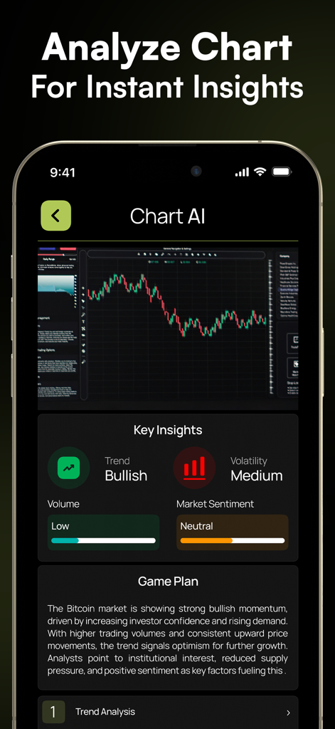 TradeGPT mobile app interface showing AI-powered financial chart analysis with bullish trend signals and market sentiment
